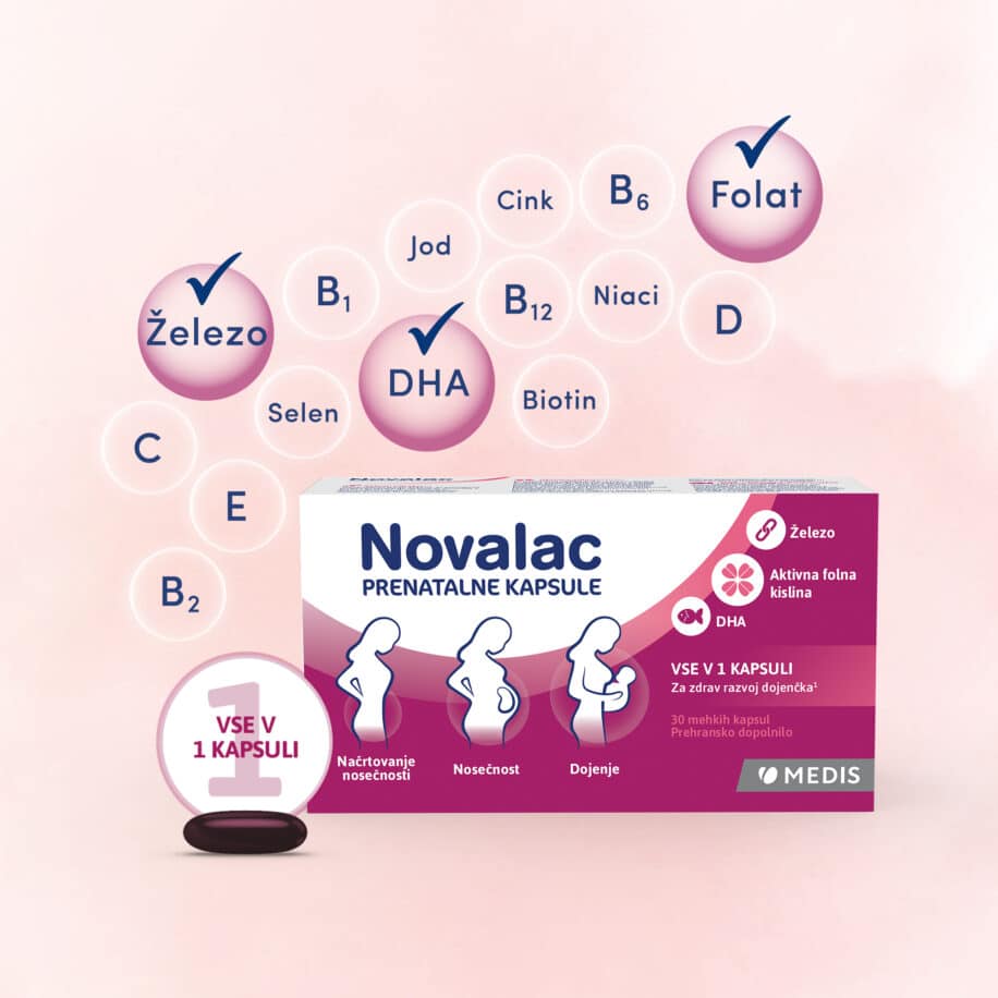 Novalac prenatalne kapsule mehurčki vitamini in minerali DHA železo lipofer quatrefolic folna kislina