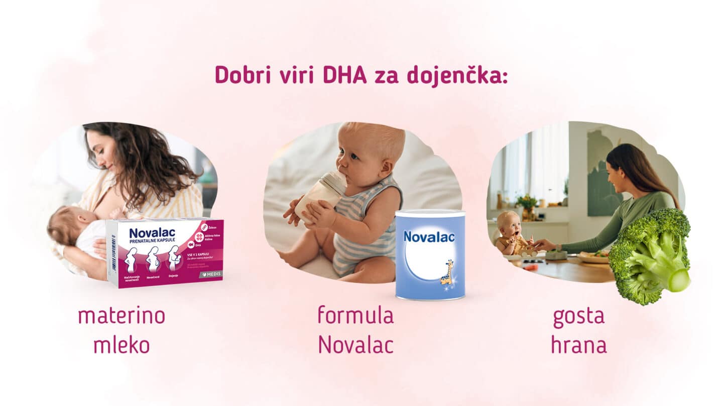 Dobri viri DHA za dojenčke so materino mleko, formule Novalac in gosta hrana.