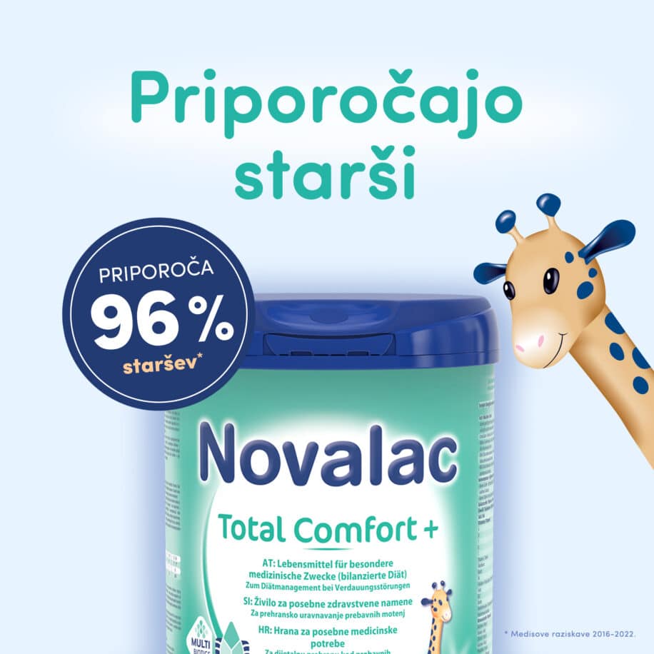 Priporočajo starši naslov z priporoča 96% staršev žigom in pločevinko Novalac total comfort +